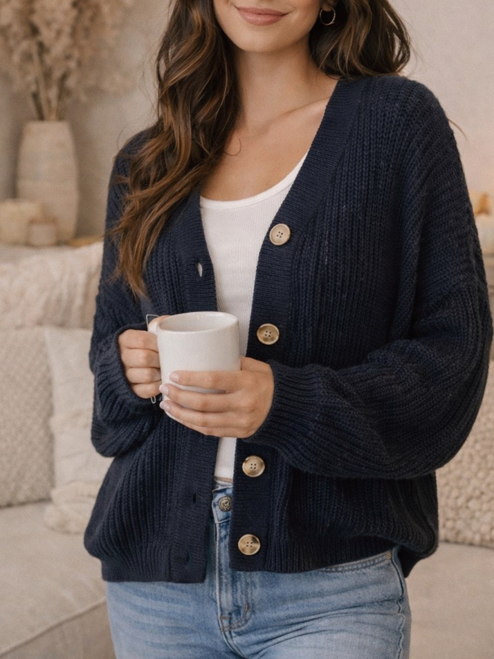 SHEIN Black Chunky Knit Button Cardigan Oversized Cozy sweater